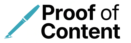 An icon of a fountain pen in an aqua-blue colour, pointing diagonally down to the left. On the right at the words Proof of Content.