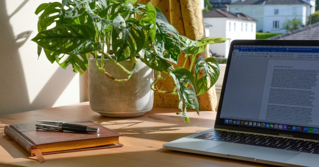 Wooden desk in front of the window with a laptop on the right and a notebook and pen on the left. Behind both is a potted plant.