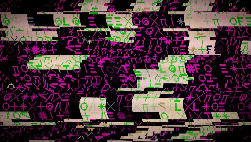 A glitched black and white screen with purple and green symbols sprawled across it it in error.