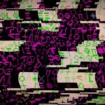 A glitched black and white screen with purple and green symbols sprawled across it it in error.