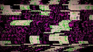 A glitched black and white screen with purple and green symbols sprawled across it it in error.